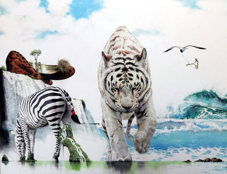 김남표, '앤드로지니(Androgyny) #8'. 캔버스에 목탄, 인조 털, 145.5 x 112.1cm. 2015.