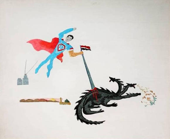 함경아, '인베이젼 오브 슈퍼 대디(Invasion of Super Daddy)'. 천에 북한 손자수, 56 x 63. 2008.(사진=국립현대미술관)