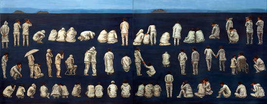 박은태, ‘기다리는 사람들’. 캔버스에 아크릴, 187 × 454cm. 2015.
