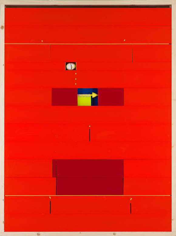 이흥복, '이것은 소리없는 아우성 저 푸른 해원을 향하여 흔드는 영원한 노스텔지어의 손수건 - 레드'. 흙, 나무, 알루미늄, 95 x 130 x 10cm. 2015.