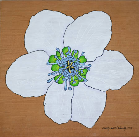 장성원, ‘Love for You(당신을 위한 사랑)16-2_변산바람꽃’. 나무 위에 오일, 45 x 45cm.