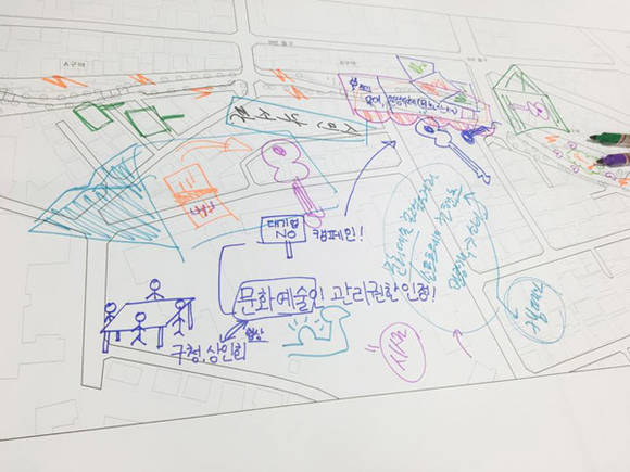 티팟이 주최한 워크샵에서 나온 '걷고싶은거리 문화관광 명소화 사업’ 관련 아이디어 스케치.(사진= 홍우주 사회적 협동조합 페이스북)