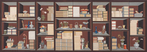 박무생, ‘책가도(민화풍)’. 순지에 분채, 각 폭 41.1 x 82.5cm (6폭). 2016.