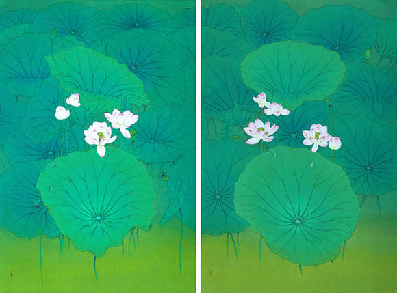 권광칠, '연·연(然·蓮)'. 장지에 채색, 각 129 x 191cm. 2016.